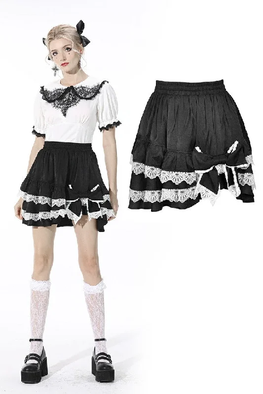 Black lolita white bow contrast mini skirt KW201 velvet skirt glossy