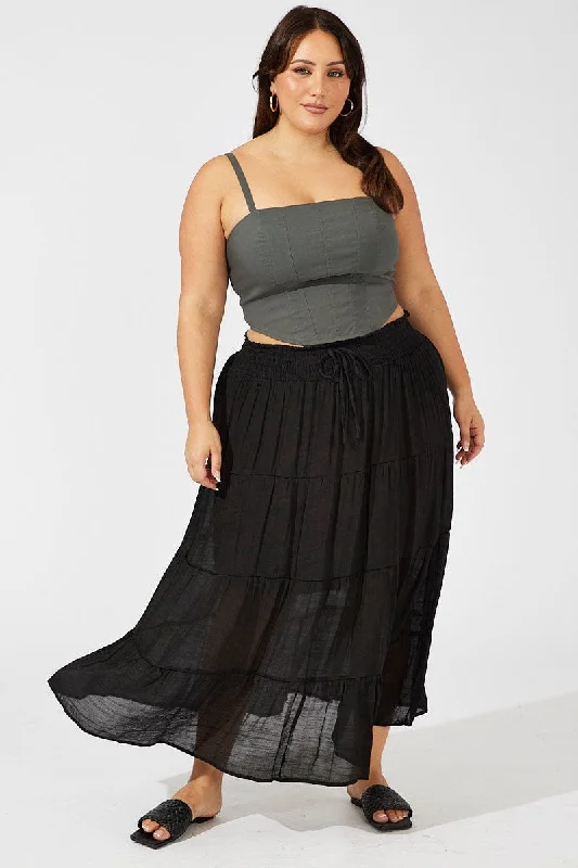 Black Shirred Waist Tie Maxi Skirt silk skirt luxurious