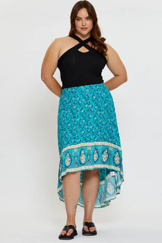 Boho Print Midi Skirt High-low velvet skirt plush