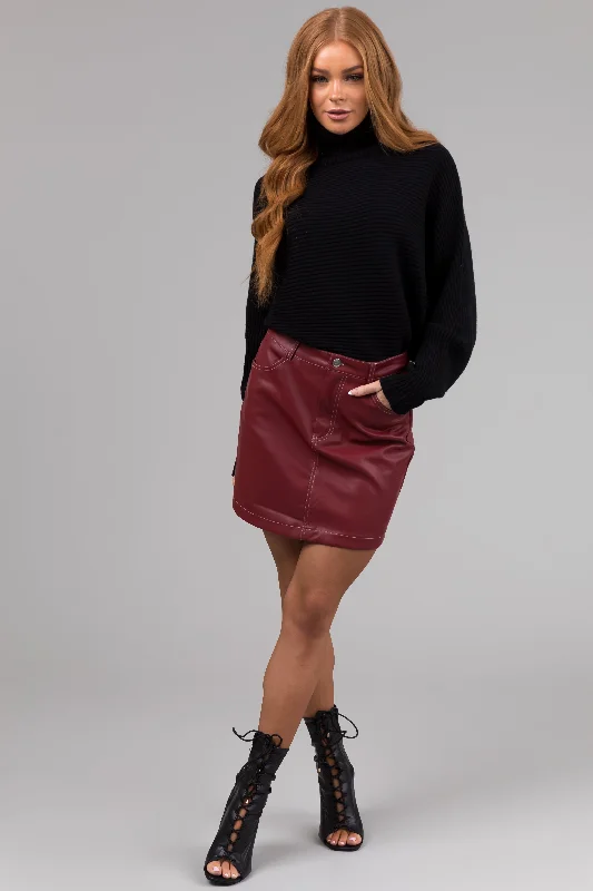 Burgundy Contrast Stitch Pleather Mini Skirt pleated skirt texture