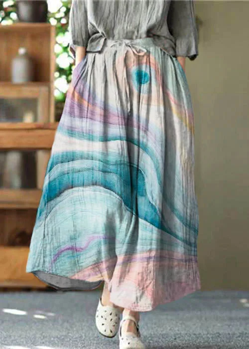 Casual Blue texture Pockets wrinkled Tie Waist Linen Skirt Summer corduroy skirt durable