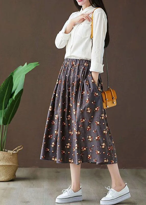 Casual Grey Pockets Print Fall A Line Skirt velvet skirt plush