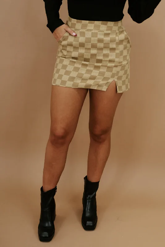 Check Into It Mini Skirt, Taupe Check linen skirt airy