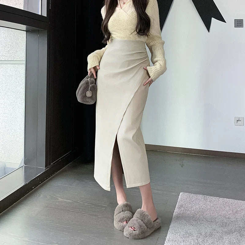 Autumn Front Split Long 2024 New High Waist Classic Office Pleated A-Line Skirt velvet skirt plush