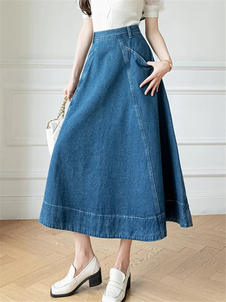 Waist Women's Denim Long A-Line Spring Summer Vintage Cowboy Jeans Umbrella Pockets New Skirt leather skirt durable