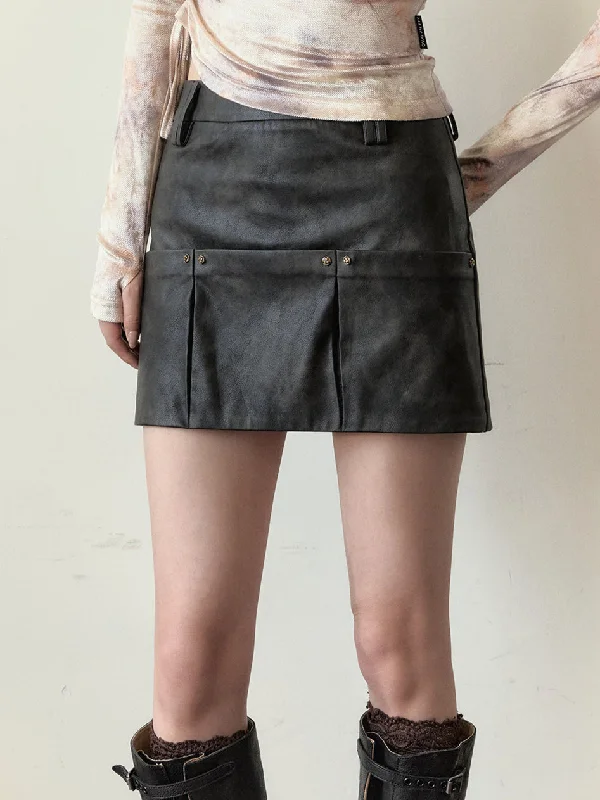 Dark Brown Studded PU Leather Skirt lace skirt delicate