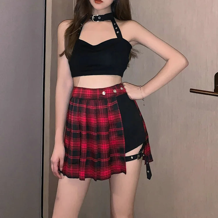 Fashion Tartan Red Pleated Streatwear Plaid Side Button Mini Skirt silk skirt lustrous