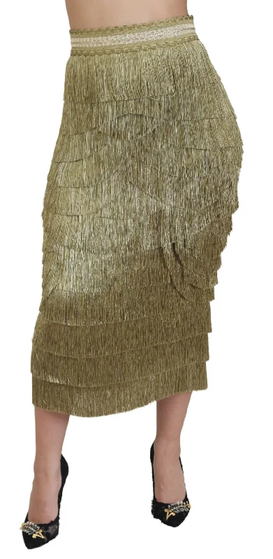 Dolce & Gabbana Golden High Waist Tiered Midi Skirt cashmere skirt soft