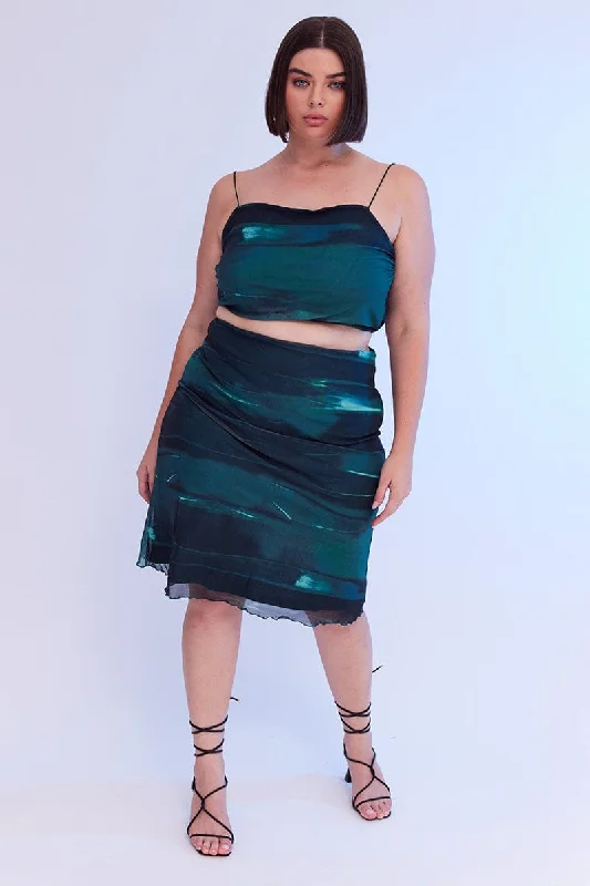 Green Abstract Midi Skirt Bodycon Elastic Waist Mesh linen skirt natural