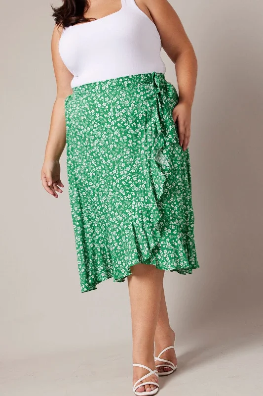 Green Ditsy Wrapover Frill Rayon Midi Skirt corduroy skirt cozy