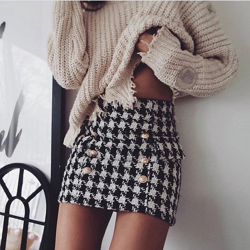 HIGH STREET Runway Designer Lion Buttons Tweed Houndstooth Mini Skirt tiered skirt playful