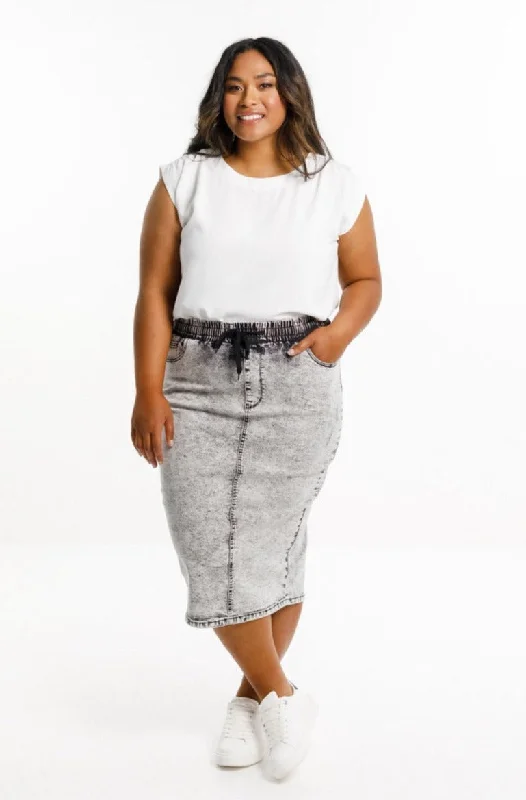 Home Lee Denim Midi Skirt Grey Wash ruffled skirt detail