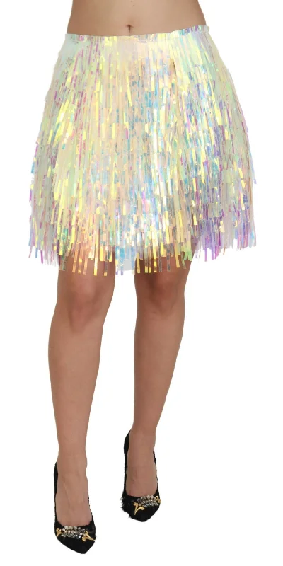 Dolce & Gabbana Iridescent Fringe Mini Skirt Mid Waist button skirt front