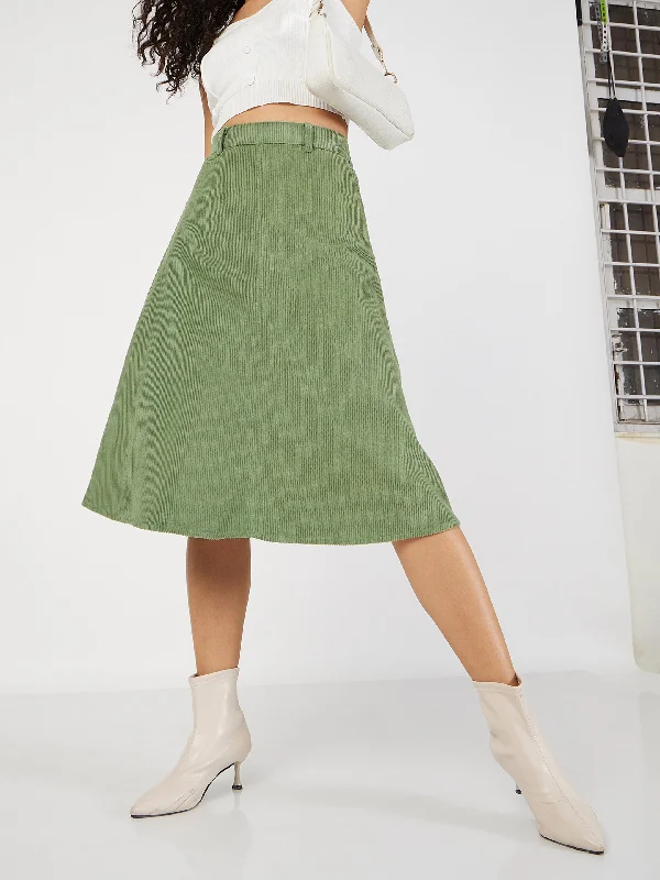 Lyush Women Olive Corduroy A-Line Midi Skirt midi skirt versatile