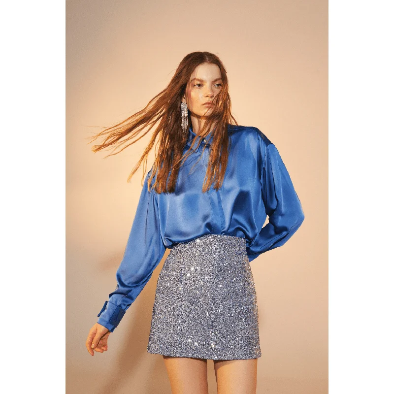 Marde A-Line Sequin Mini Skirt in Powder Blue lace skirt delicate