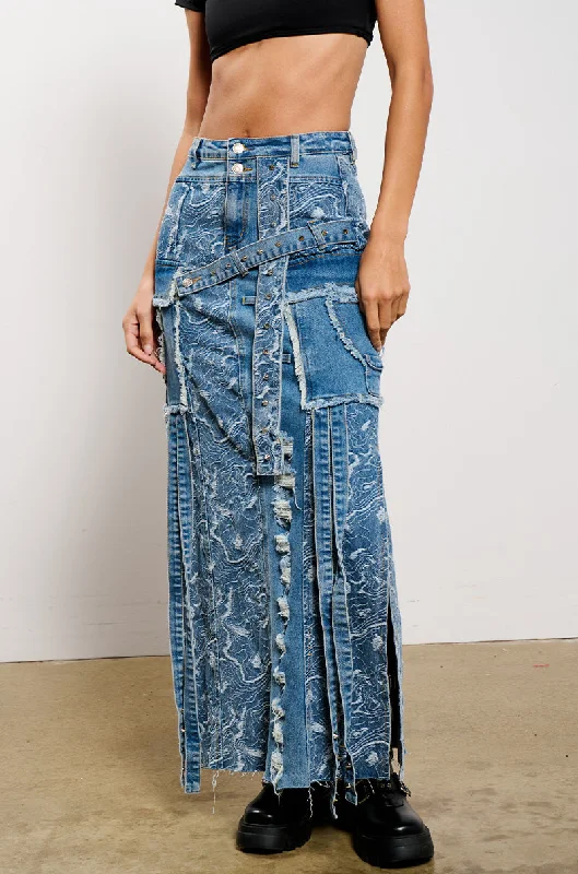 MIXED MEDIA DENIM MAXI SKIRT pleated skirt texture