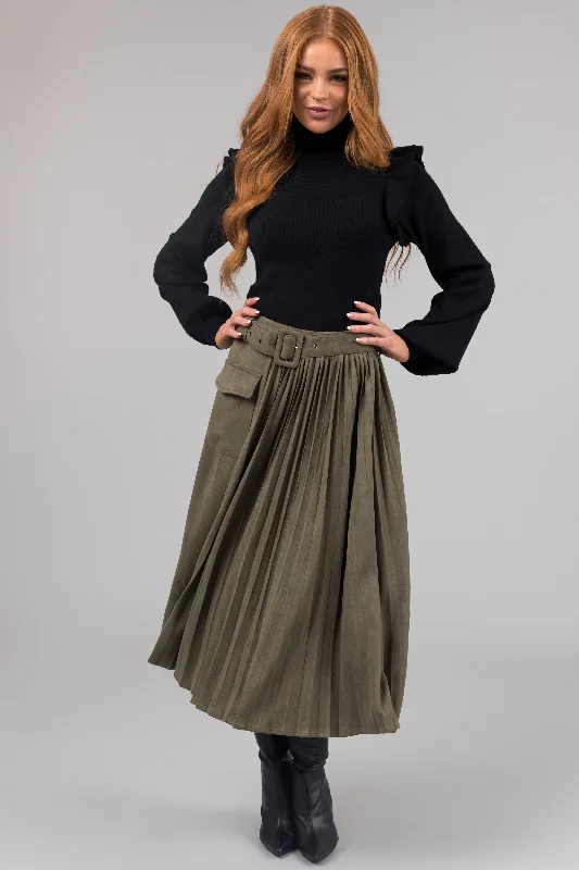 Olive Faux Suede Pleated Midi Skirt with Belt corduroy skirt cozy