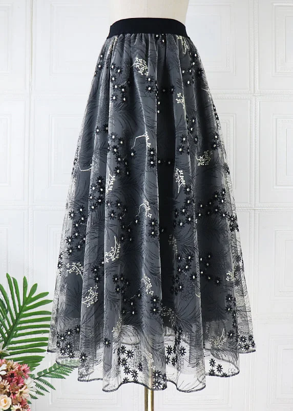 Original Design Black Embroidered High Waist Tulle Skirts Spring velvet skirt rich