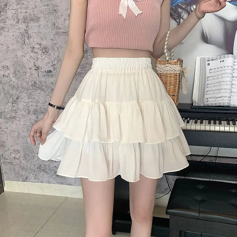 Pleated A-line White Ruffles Sweet Hottie Preppy Summer Mini Skirt denim skirt durable