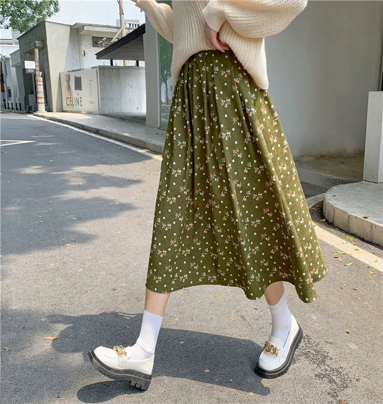 Raining Flowers Corduroy Midi Skirt (3 Colors) lace skirt elegant