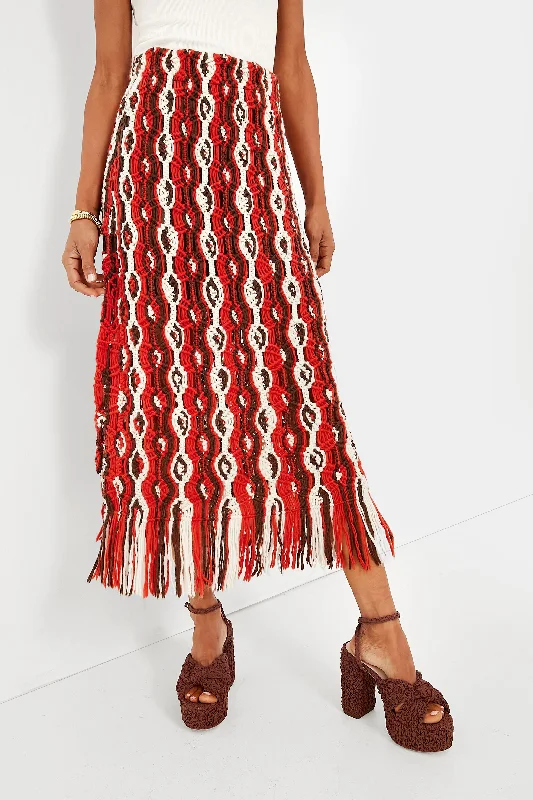 Red Drew Macrame Knit Skirt with Fringe flowy skirt hem