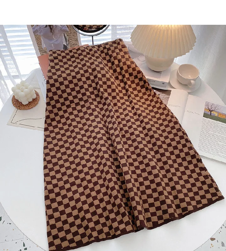 Retro fashion net red checkerboard high waist A-shaped skirt  5763 summer skirt style