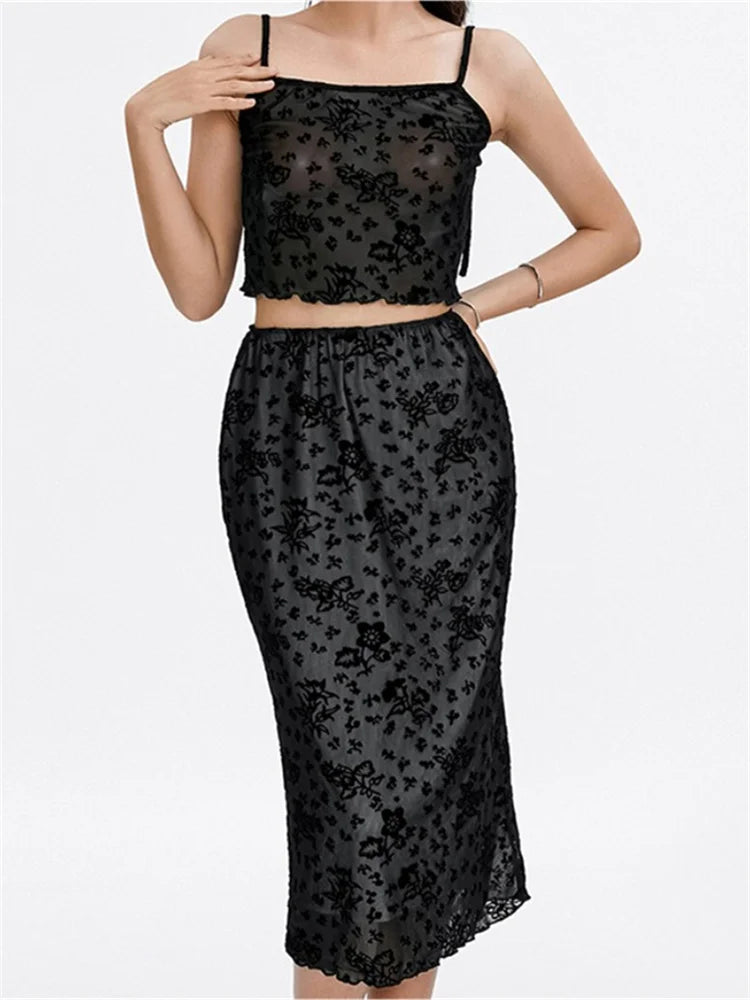 JuliaFashion - Sexy Floral Lace Strap Camis Crop Tops Mesh Long Skirts Suits denim skirt trendy