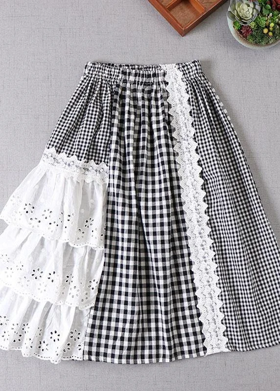 Simple Black Patchwork White Plaid Fall A Line Skirt corduroy skirt comfortable