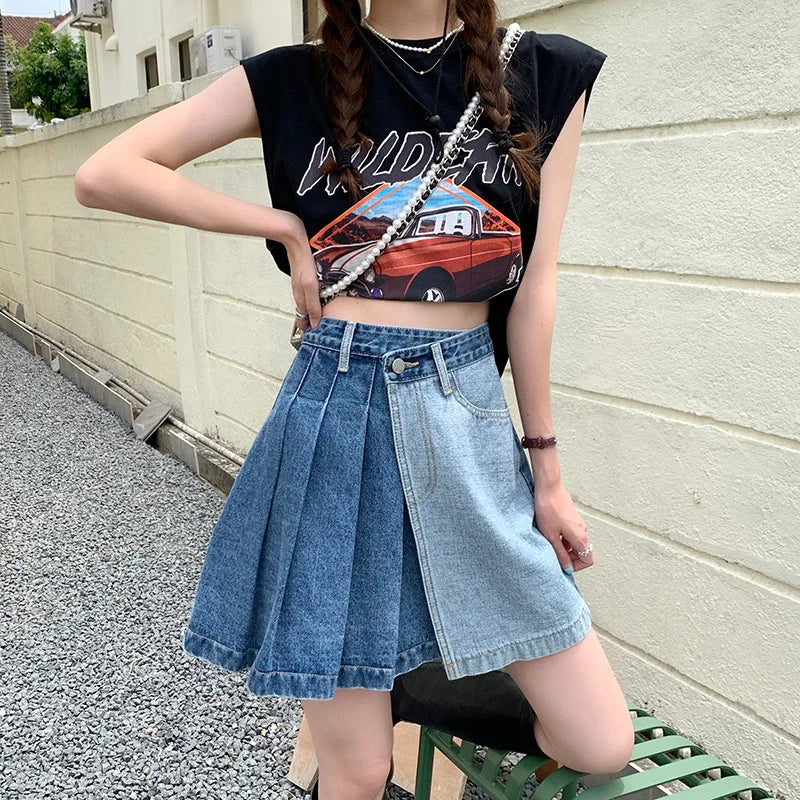 Streetwear Fashion Denim Contrast Color Patchwork A-line Mini Skirt chiffon skirt floaty