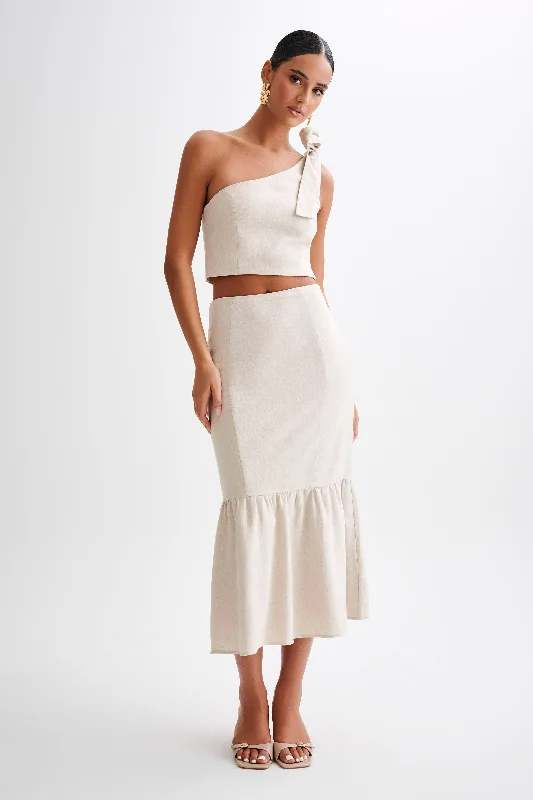 Venezia Linen Midi Skirt With Ruffle - Natural denim skirt durable