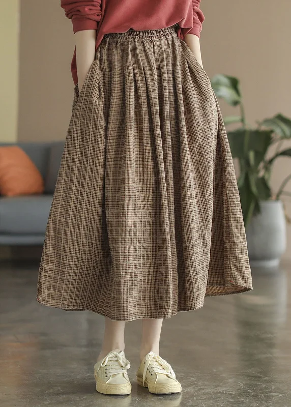 Vintage Khaki elastic waist Pockets Plaid Cotton A Line Skirts Spring casual skirt length