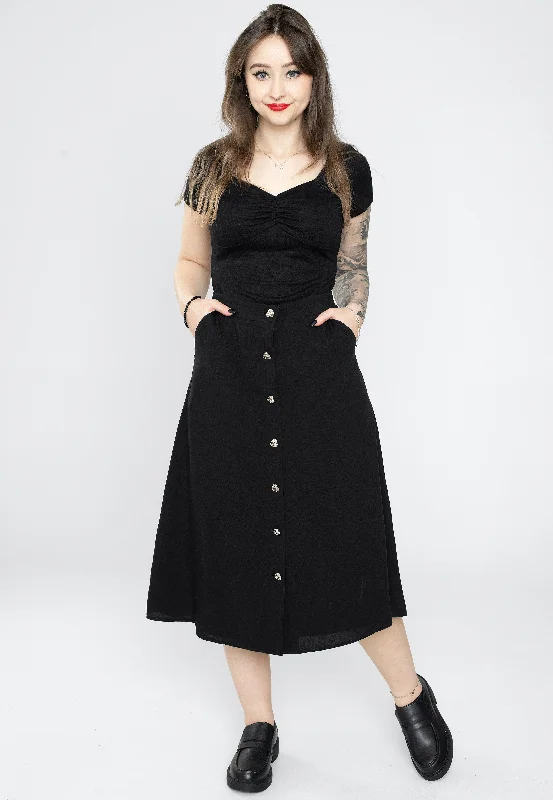 Voodoo Vixen - Heart Button Midi Black - Skirt wool skirt breathable