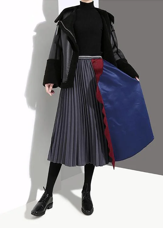 Woman Multicolor Patchwork Pleated Skirt A-Line Ruffles Patchwork High Waist Skirt silk skirt elegant