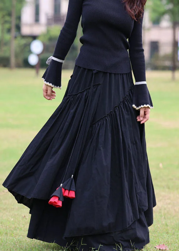 Women Black Cinched Patchwork Cotton Skirt Spring silk skirt sleek