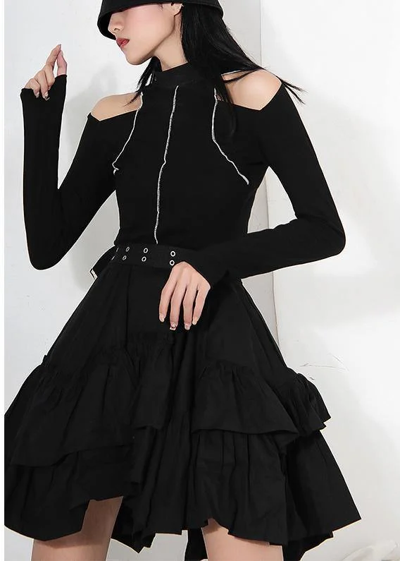 Women Black Ruffles Button Summer Skirts corduroy skirt durable